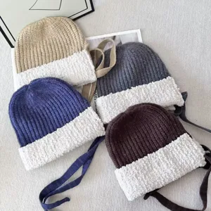 Winter plush spliced knitted hat with earflaps and ties warm beanie cap for women