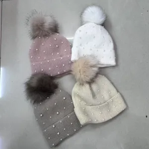 Women thick warm winter knit beanie hat with faux pearls and fluffy pom poms 4pcs