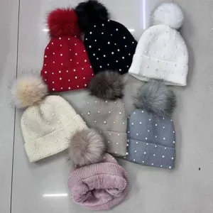 Korean winter pearl rivet knitted hat, thick warm women beanie with furry pom-pom.