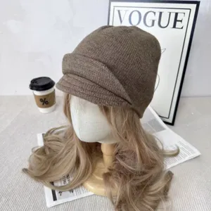 Sombrero ecuestre de punto marrón para mujer, otoño invierno liso doble ala gorra.