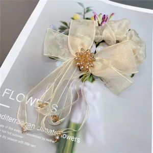 Detail van champagnekleurige organza haarelastiek strik met glanzende kristallen bloemhanger.