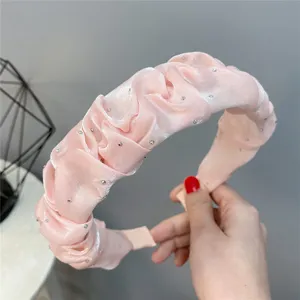 Pink pleated rhinestone headband sweet fluffy hair hoop for women daily charming cute hair accessories
