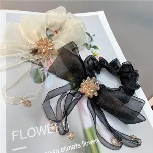 Kristalen bloem organza strik haarelastiekjes set, elegante lange linten kwast haaraccessoires.