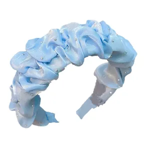 Light blue pleated rhinestone headband for women, sweet puffy hair hoop, high crown hair accessory