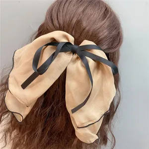 Oversized double layer chiffon hair bow clip with black ribbon elegant hair accessory for women