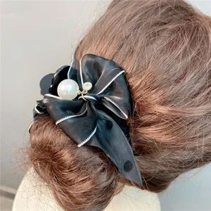 Black bow hair clip with pearl and rhinestone, elegant hair accessories for women.