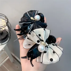 Sweet Bow Hair Claw with Artificial Pearl Rhinestone Polka Dot Hair Clip Banana Clip Hair Accessories for Women