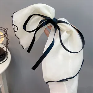 White chiffon bow hair clip with black edge, elegant and sweet hair accessory for women and girls.