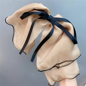 Sweet oversized double-layer chiffon bow hair clip with black trim and ribbon for women