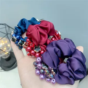 Fashion satin scrunchies with pearls and crystal flowers for women, high elastic hair ties.