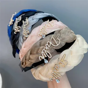 Chic rhinestone letter braided fabric headband set, stylish fashion hair accessories for women.