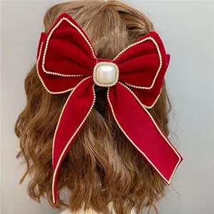 Red velvet bow hair clip with rhinestone trim and pearl center for women bridal wedding hair accessories