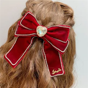 Red velvet rhinestone bow hair clip elegant bridal hair accessory sparkling crystal heart design