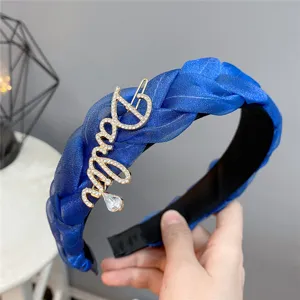 Blue braided headband with rhinestone letter accessory stylish knitted hair hoop for women