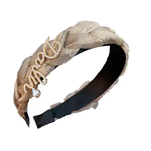 Fashion rhinestone braided headband, elegant sparkling script letters hair hoop for women hair.