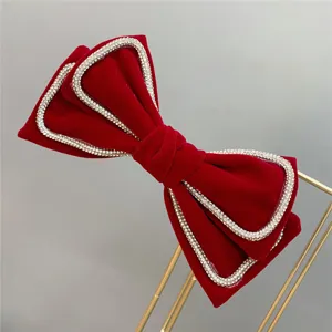 Red velvet rhinestone bow hair clip elegant bridal wedding hair accessory for women girls.