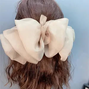 Korean style oversized mesh bow hair clip elegant 3D draping layered hairpin for women.