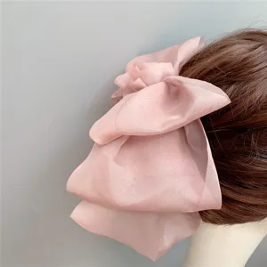 Oversized pink organza hair bow clip, triple layer cascading mesh spring hairpin for women.