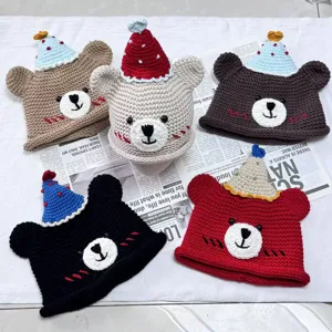 Handcrafted crochet bear beanie cute birthday party hat DIY gift cozy winter warm knit cap