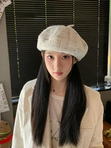 Berretto a quadri bianco da donna, cappello da pittore vintage autunno primavera chic.