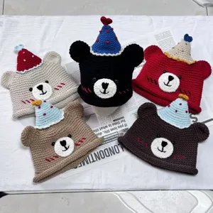 Handmade crochet cute bear beanie hat with mini birthday party hat winter warm knit cap