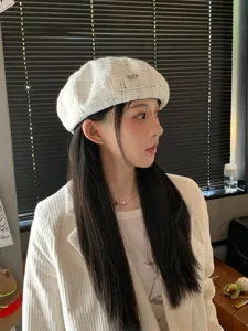 Berretto a quadri bianco in tweed da donna, cappello da pittore vintage per autunno e primavera.