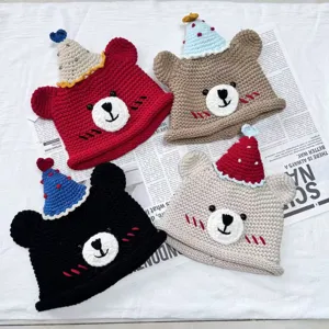 Handmade crochet bear beanie hat cute knit winter warm cap detailed view of cute animal design