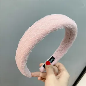 Pink wide padded sponge headband, stylish French solid color mesh hair hoop for women.