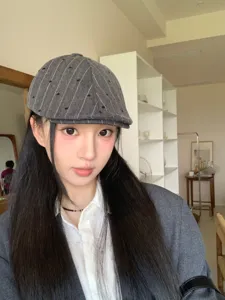 Japanese retro grey striped newsboy cap with heart embroidery, stylish women beret hat.