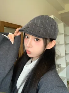 Japanese retro grey striped newsboy cap with cute heart embroidery for women fashion.