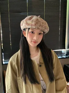 Béret à carreaux rétro japonais doux pour femme, chapeau de peintre élégant automne.