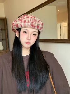Joli béret à carreaux rétro japonais pour femme, chapeau de peintre doux automne printemps.