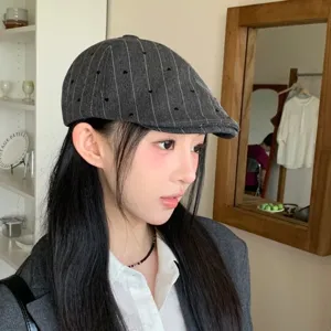 Retro pinstripe newsboy cap with cute heart embroidery, chic gray flat cap for women.