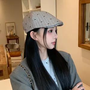 Japanese retro grey knit newsboy cap with black heart embroidery for women fashion hat.