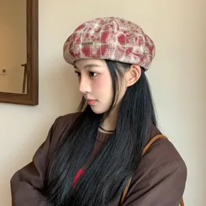 Chapeau beret carreau retro japonais doux pour femmes, elegant chapeau de peintre chic