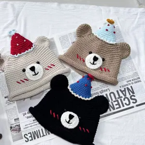 Handmade crochet bear hat cute knitted cartoon animal cap for women best friend gift