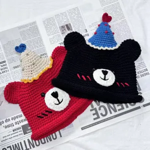 Handmade crochet cute bear hat detail view, soft knit winter cap for daily wear and gifts.
