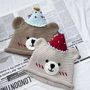 Handmade crochet cartoon bear beanie hat, cute birthday gift detail showing fine knit work