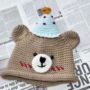 Handmade cute cartoon bear knitted beanie hat with mini hat decor warm winter gift