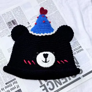 Handmade crochet cute bear winter warm beanie hat with party hat for women and bestie gifts