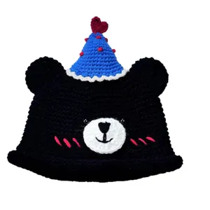 Handmade crochet bear bucket hat with cute party hat top, cozy winter knit hat gift.
