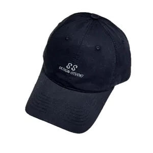 Classic black washed cotton baseball cap with letter embroidery for daily outdoor sun protection.