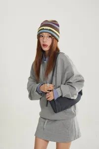 Korean style color striped knit beanie hat, autumn winter warm fashion cap with letter patch detail.