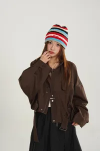 Colorful striped beanie hat with small letter patch, Korean niche autumn winter warm knit cap.