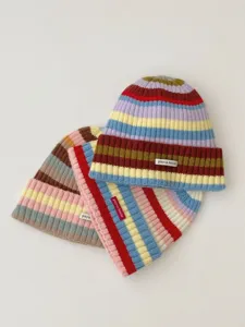 Colorful striped knitted beanie winter warm hat with small letter label detail for daily wear.