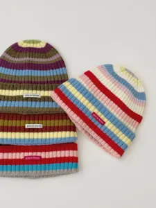 Colorful striped knit beanie hat for women, cozy autumn winter warm wool caps, stylish cute.
