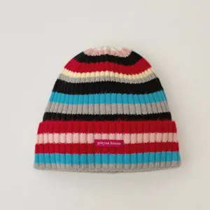 Colorful striped knitted beanie hat for autumn and winter, warm and stylish streetwear cap.