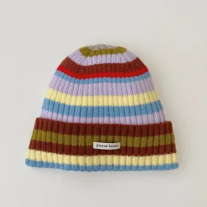 Colorful striped knit beanie hat for women, warm winter skull cap with small letter patch.