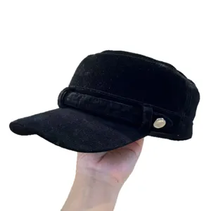 Koreaanse retro zwarte corduroy platte pet veelzijdige herfst winter militaire