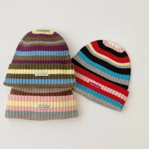 Colorful striped knit beanie hat for women, cozy winter warm slouchy skull cap, stylish streetwear.